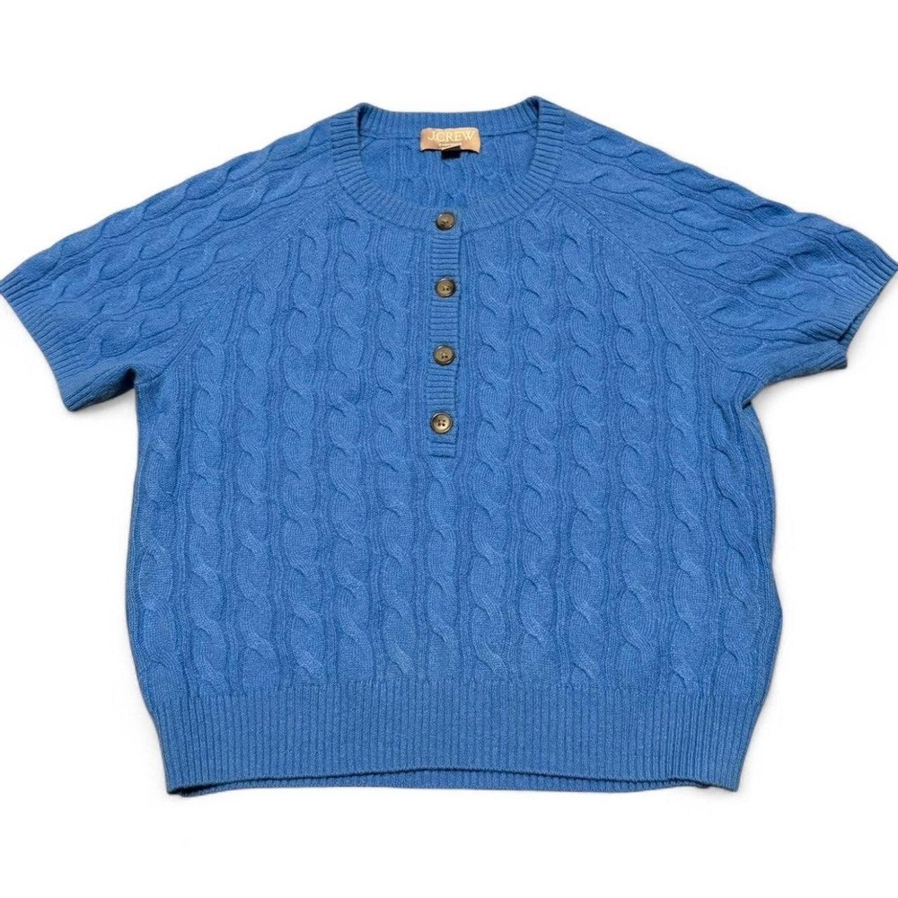 J.Crew Cashmere Cable Knit Sweater Women Small Blue Short Sleeve Henley